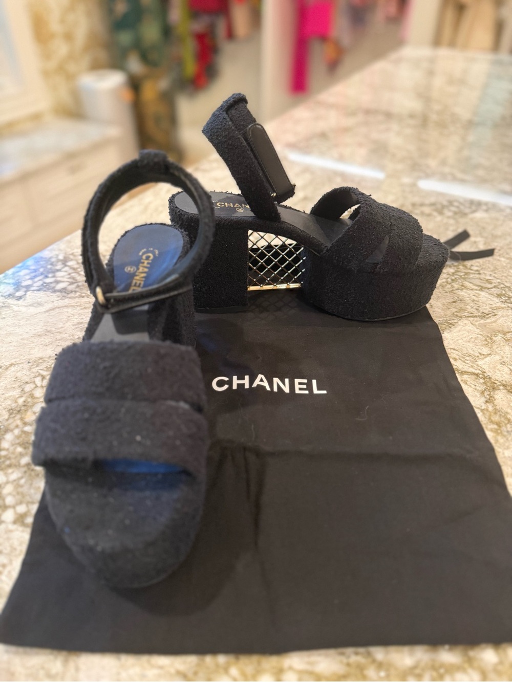 CHANEL Black Platform Sandals with Gold Accent